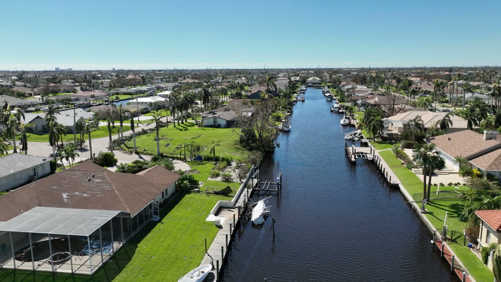 Aerial view of destruction and damage in Florida after a hurricane