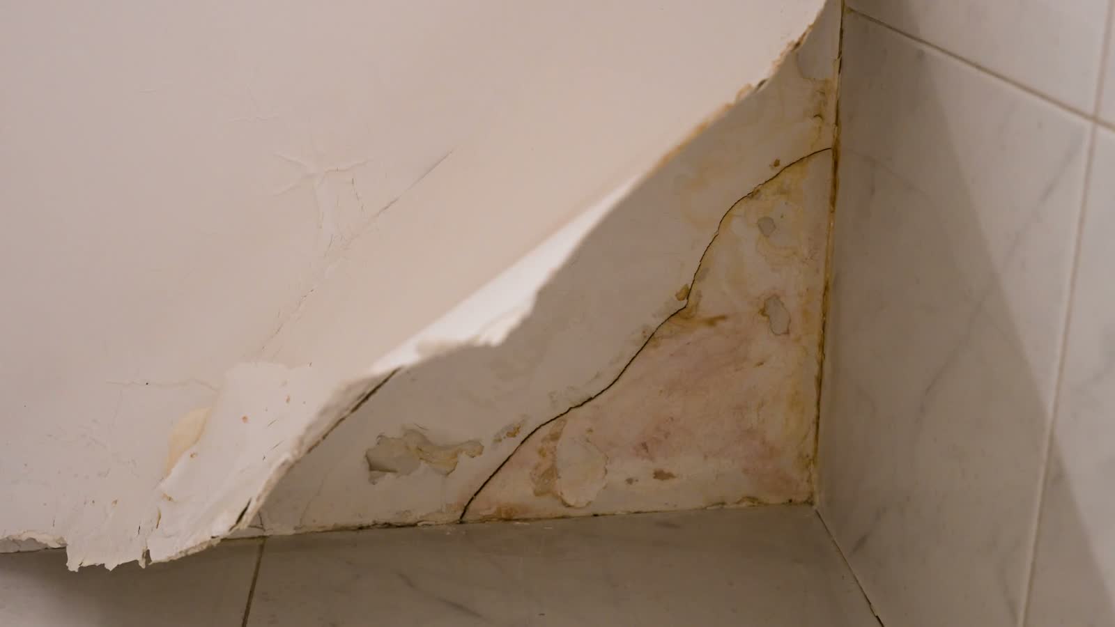 Peeling paint and yellow water stains spreading down an interior bathroom wall