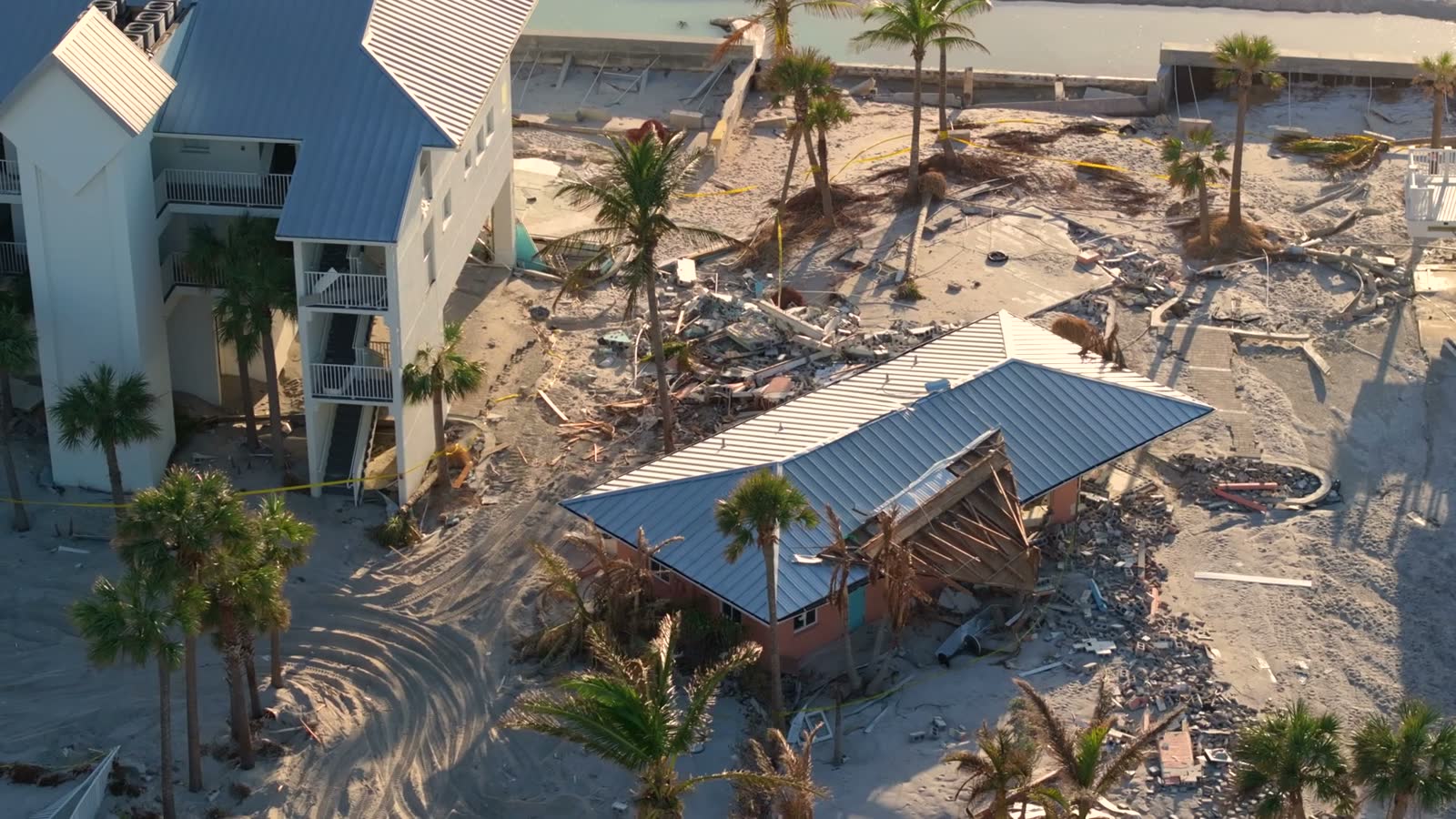 Storm-surge damage to destroyed waterfront homes on the ocean shore after Hurricane Milton