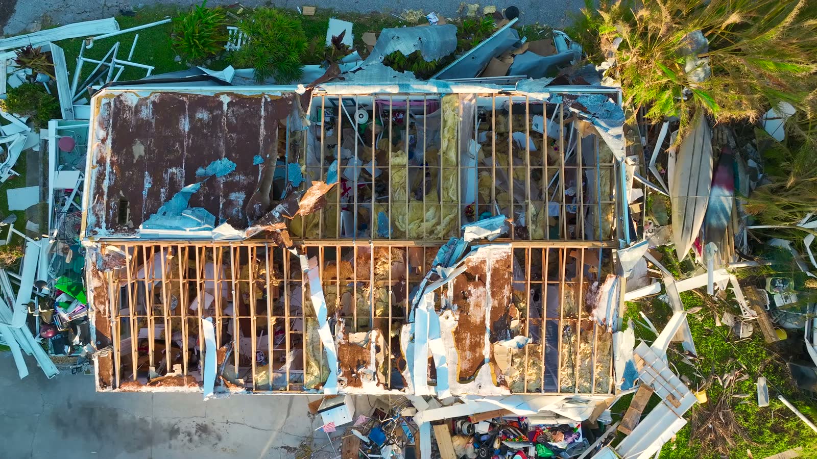A Florida mobile-home park flattened by Hurricane Ian, the kind of first-party property loss a bad-faith claim is built on