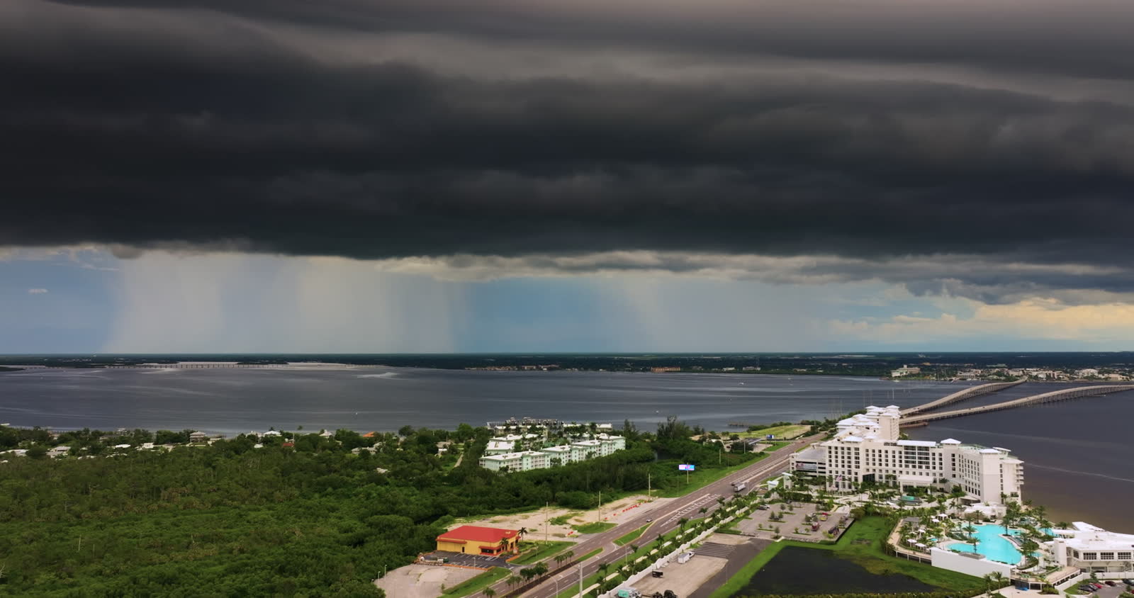 Hurricane storm bands over a Florida neighborhood