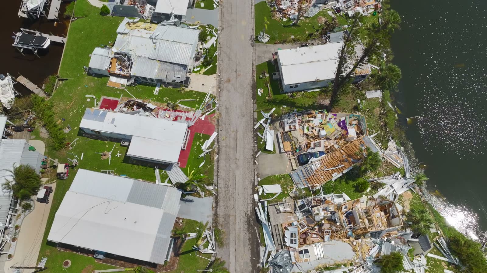 Aerial of a Hurricane Ian manufactured-home park where entire homes were reduced to a total loss