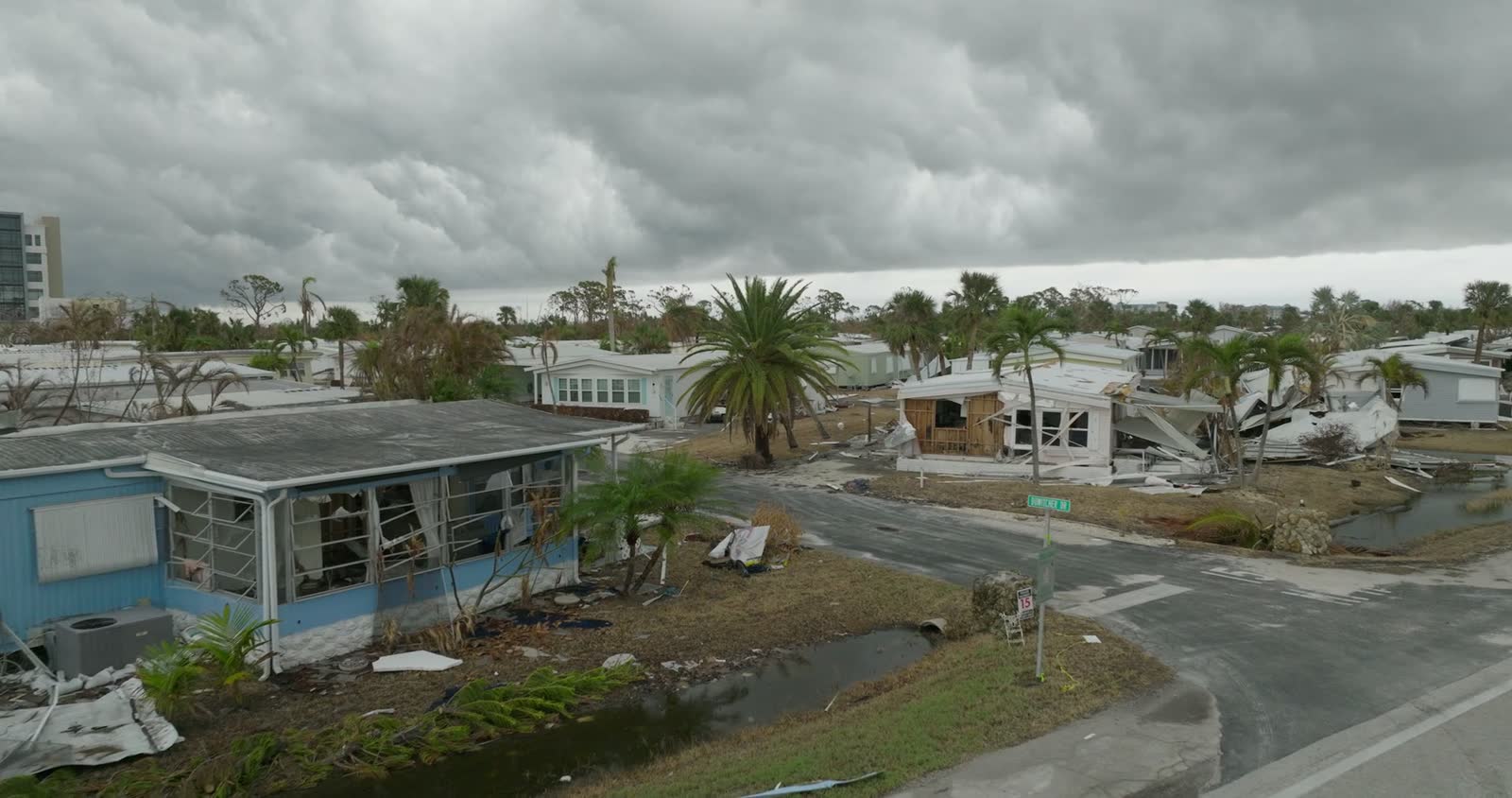 Aerial view of a storm-damaged neighborhood