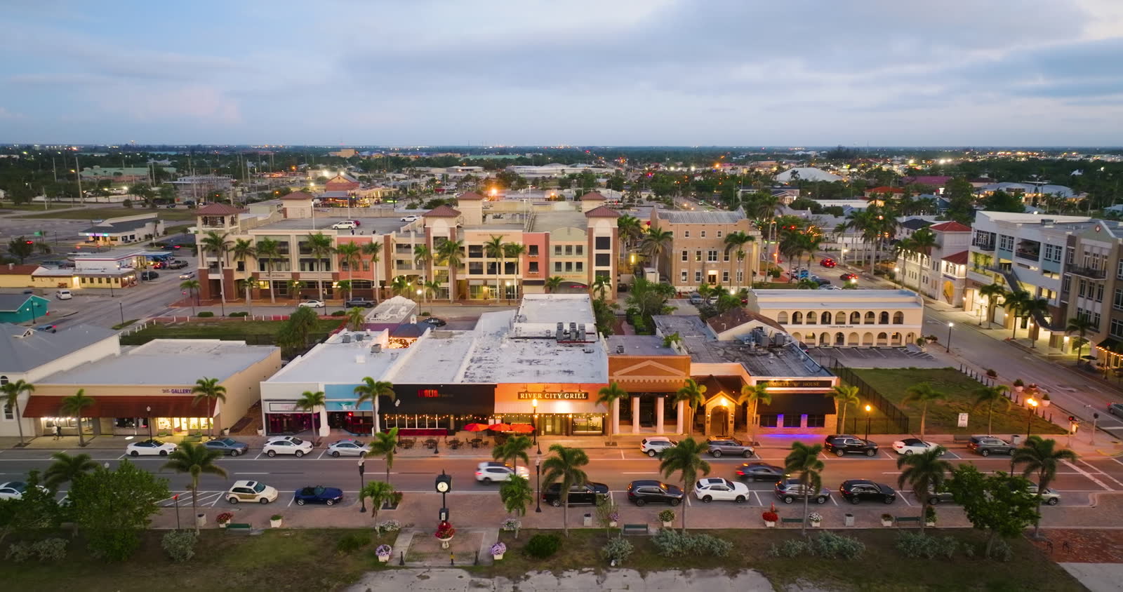 Downtown block of shops and restaurants closed by a civil-authority order after a hurricane