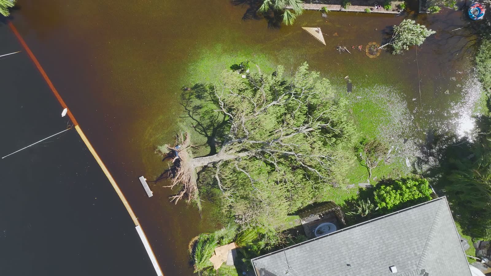 Swollen creek overflowing into homes and yards inland after a hurricane
