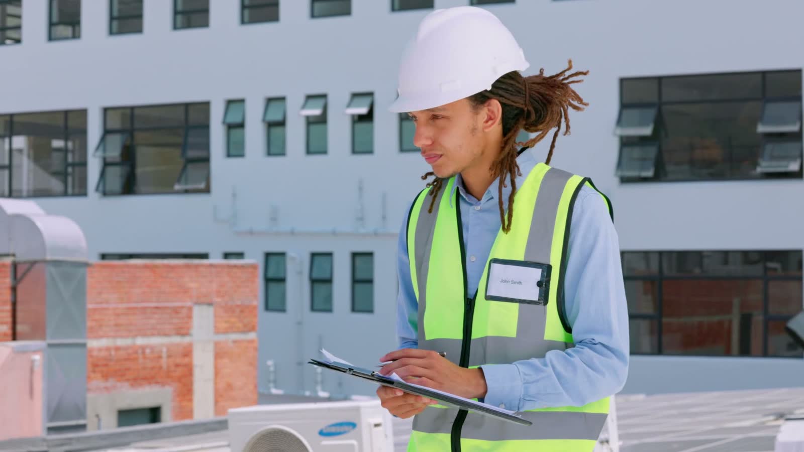 portrait-man-or-happy-architect-writing-on-roof-o.mp4