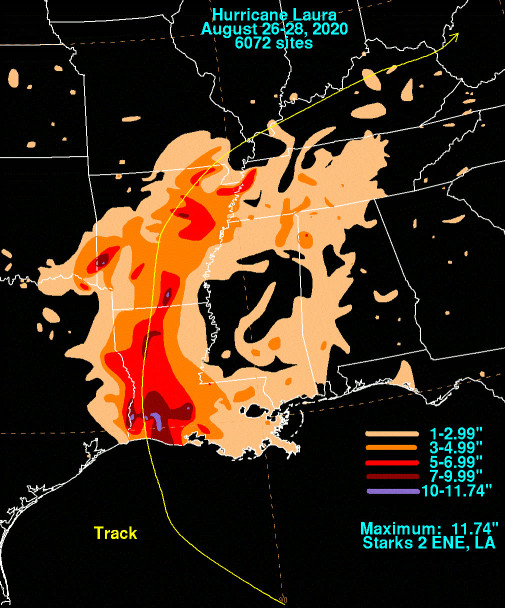 Storm-total rainfall from Laura from the Gulf coast into the mid-Mississippi Valley