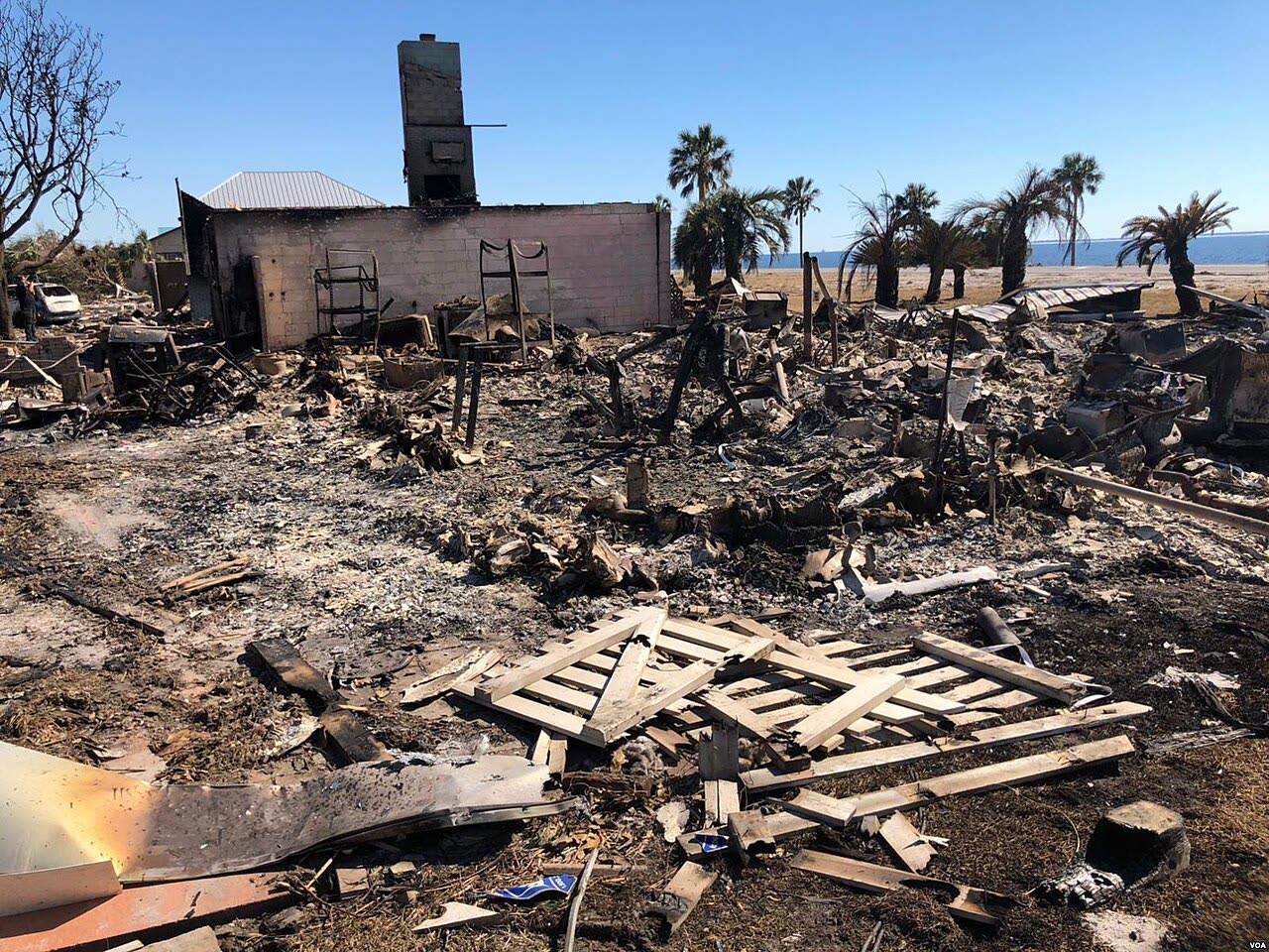 Slab-level destruction in Mexico Beach, where 160 mph winds and 9–14 ft of surge leveled entire blocks