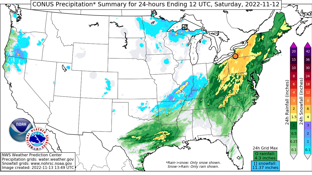 Rainfall totals as Nicole's remnants ran up the Appalachians into the Northeast