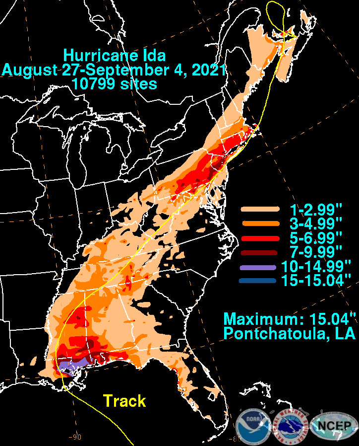 Storm-total rainfall along Ida's 1,500-mile track from Louisiana to New England