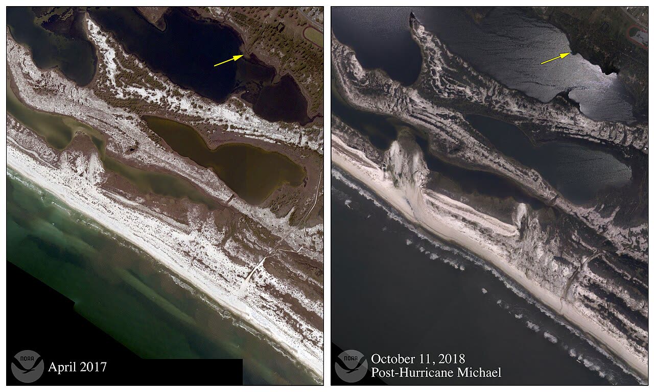 Tyndall AFB shoreline before and after the eyewall — nearly every structure on base was damaged