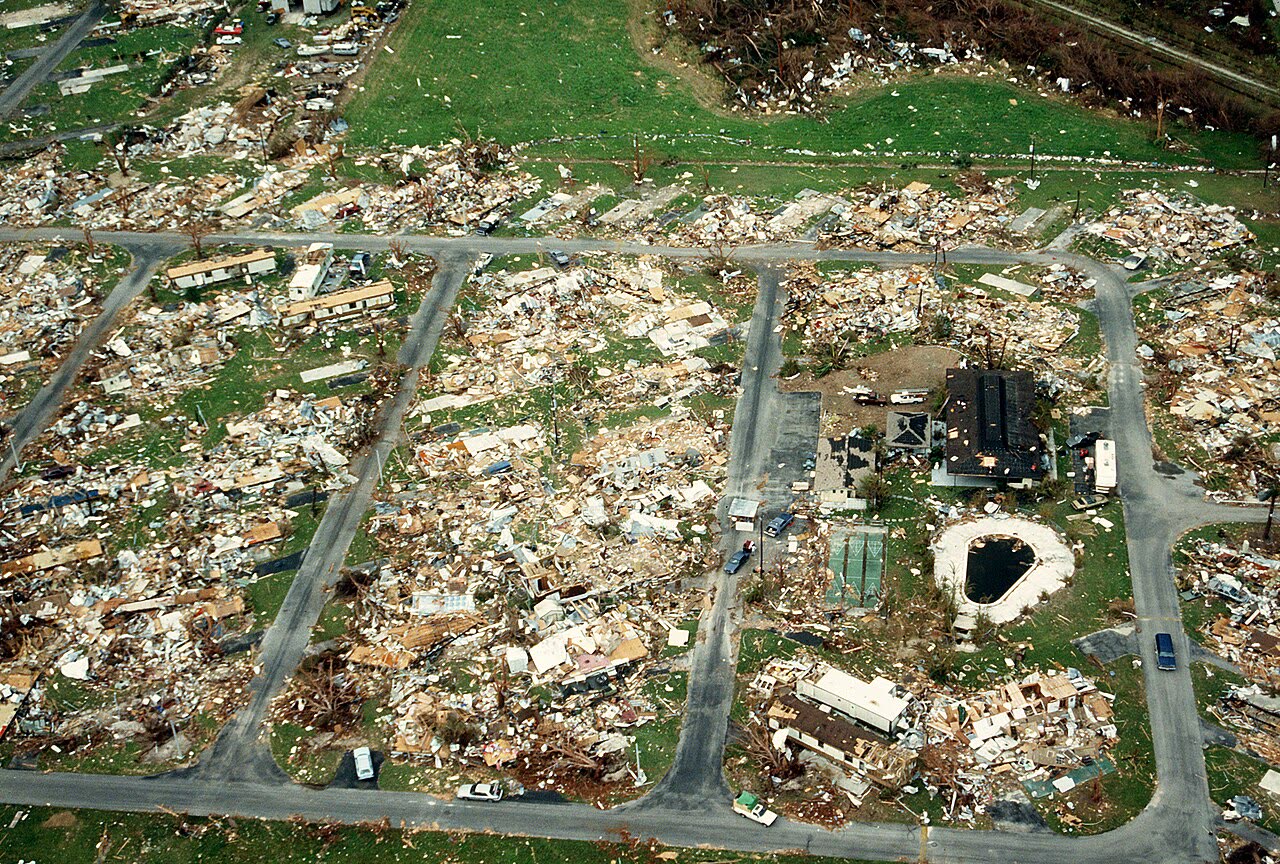 DoD aerial survey of a flattened neighborhood in the Homestead area — block after block reduced to debris fields
