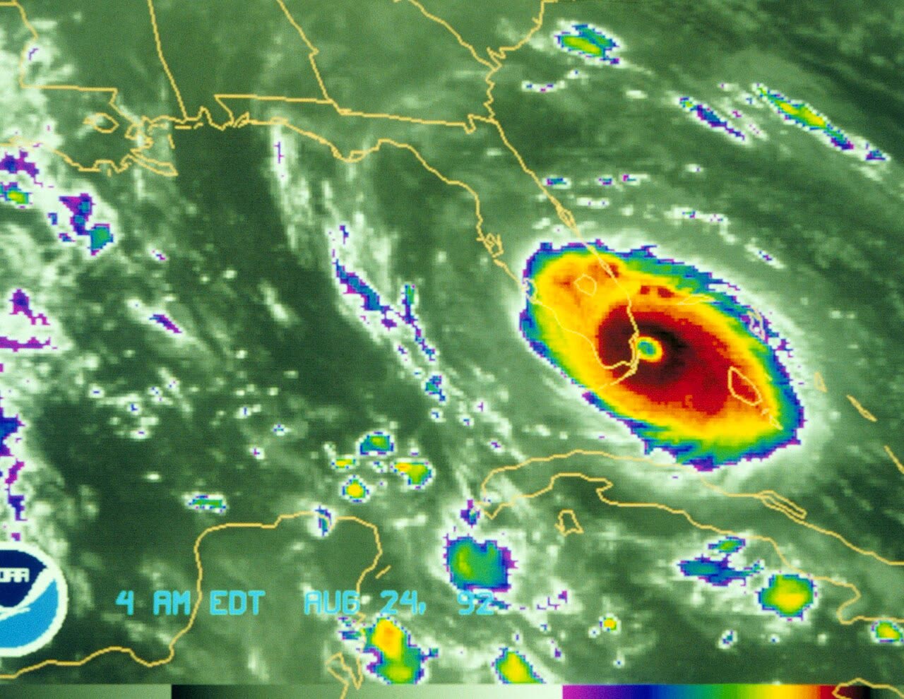 Satellite view of Andrew making landfall south of Miami, about 5 a.m. August 24, 1992