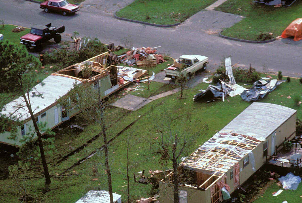 Aerial of a destroyed trailer park in the Charleston area