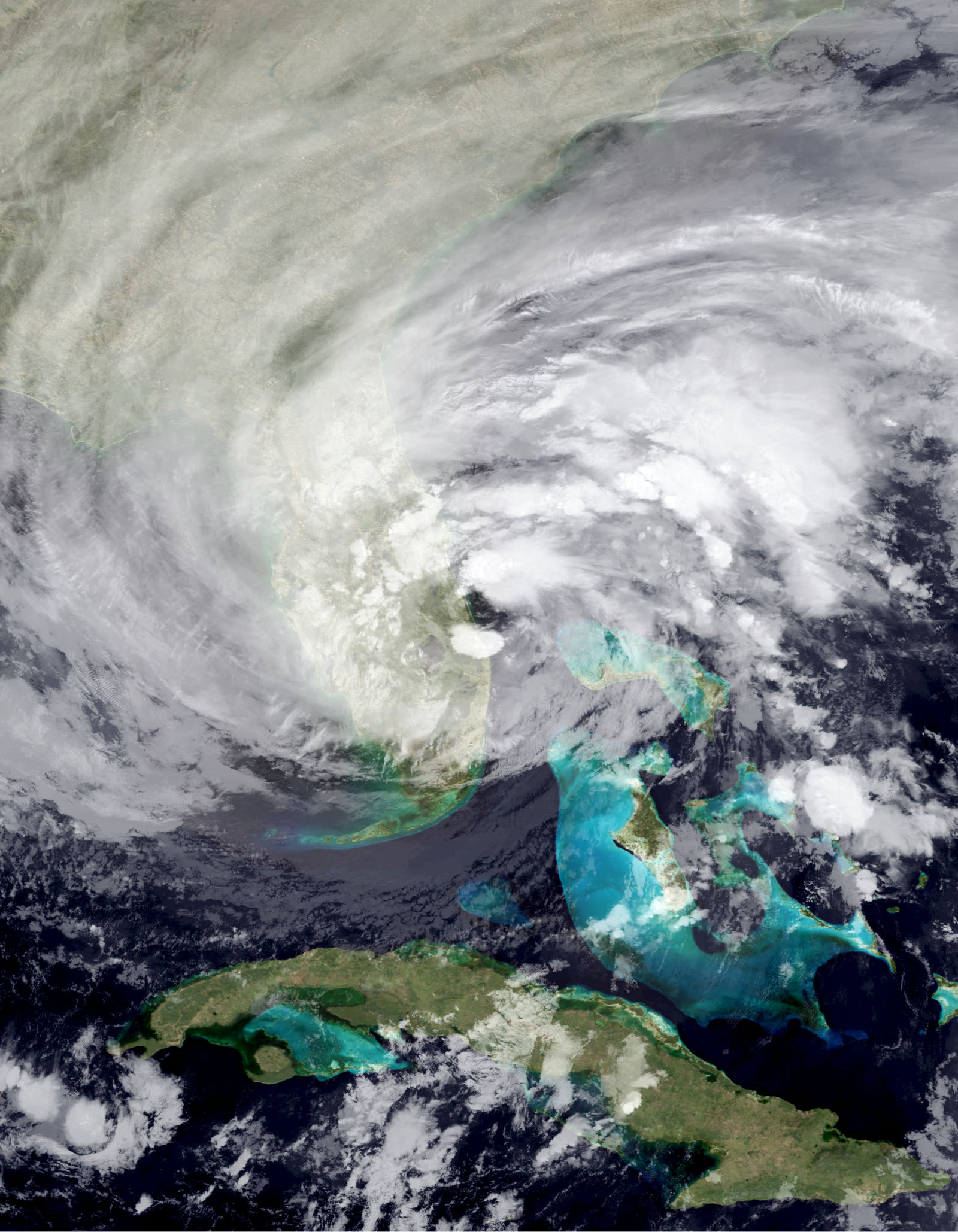 Nighttime satellite view of Nicole crossing the Florida peninsula after landfall