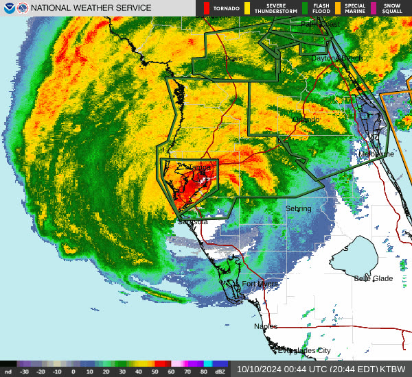 NWS Tampa Bay radar loop of Milton's Category 3 landfall near Siesta Key, night of October 9, 2024