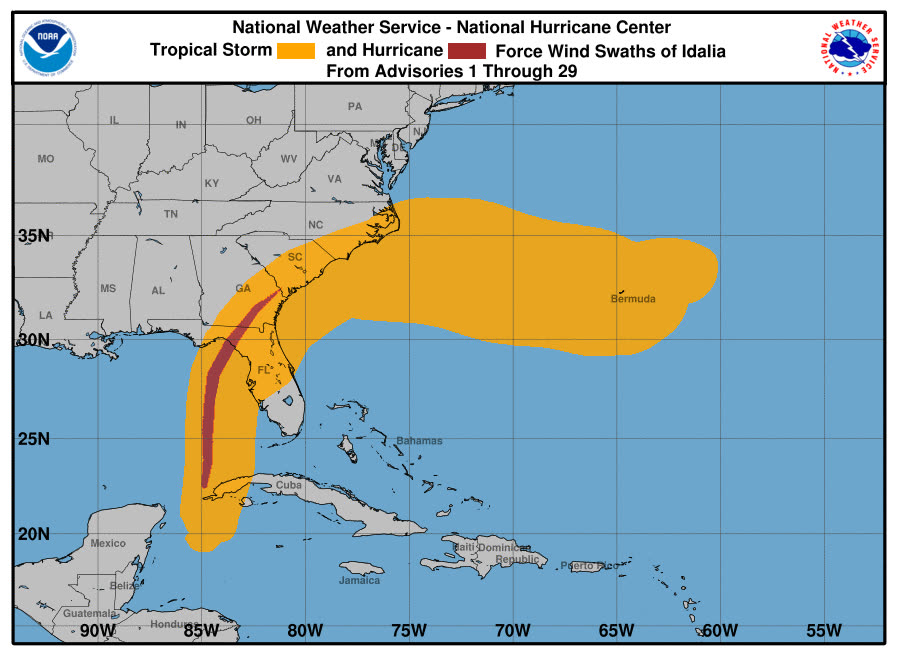 Idalia's wind history from the Caribbean through the Carolinas