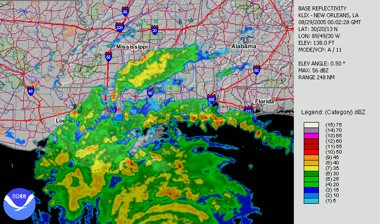 NWS New Orleans radar loop of Katrina's Louisiana landfall, August 29, 2005