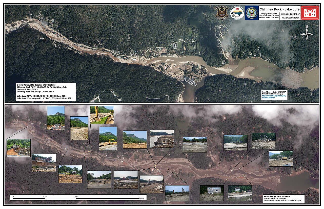 USACE aerial and ground views of Lake Lure and Chimney Rock, NC, before and after Helene's flood