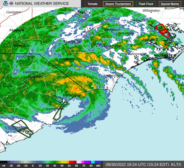 NWS Wilmington radar loop of Ian's second U.S. landfall near Georgetown, South Carolina, September 30, 2022