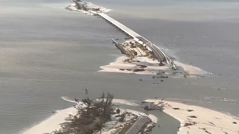 The Sanibel Causeway, breached in multiple sections by storm surge — Sanibel was cut off from the mainland