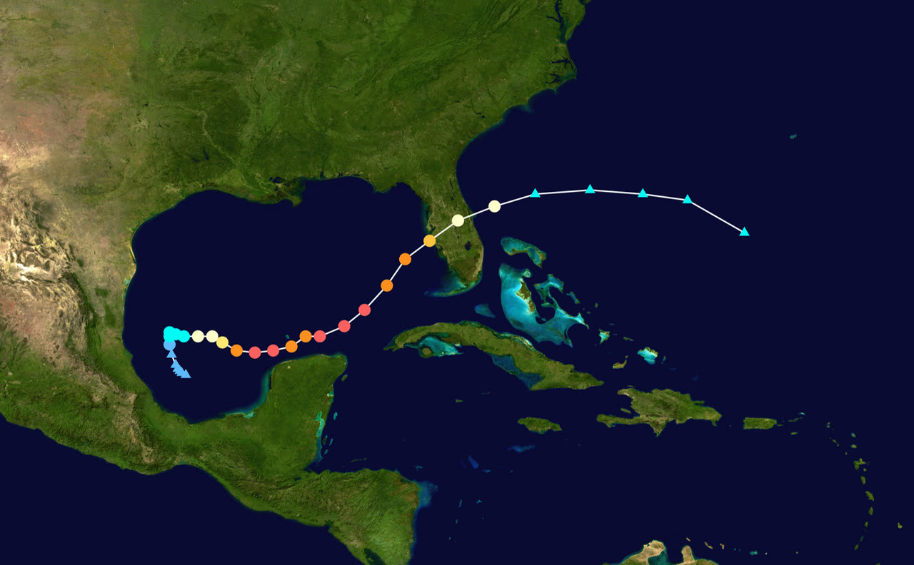 Best track of Hurricane Milton: southwestern Gulf → Siesta Key, FL → Atlantic exit