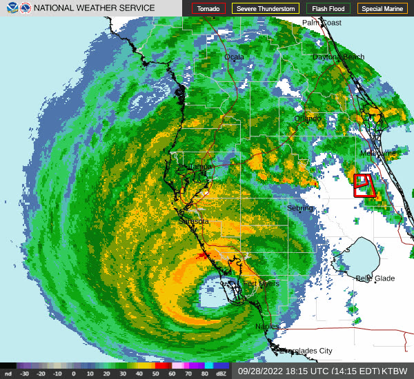 NWS Tampa Bay radar loop of Ian's Category 4 landfall at Cayo Costa, September 28, 2022