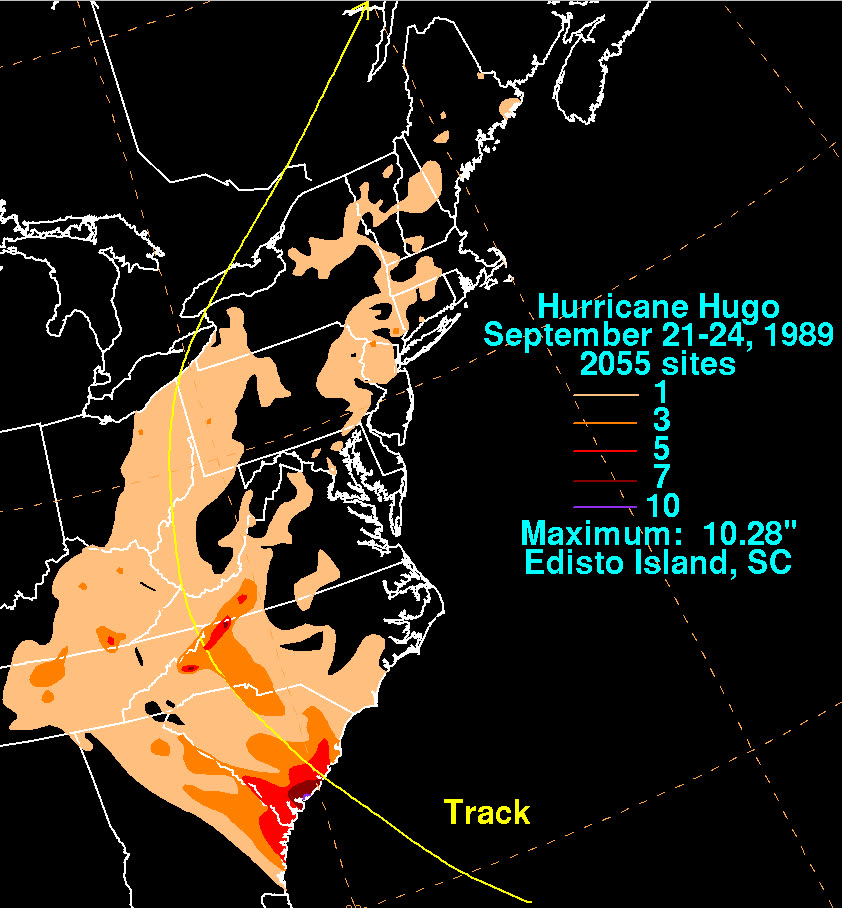 Rainfall totals along Hugo's track from the Carolinas into the Northeast