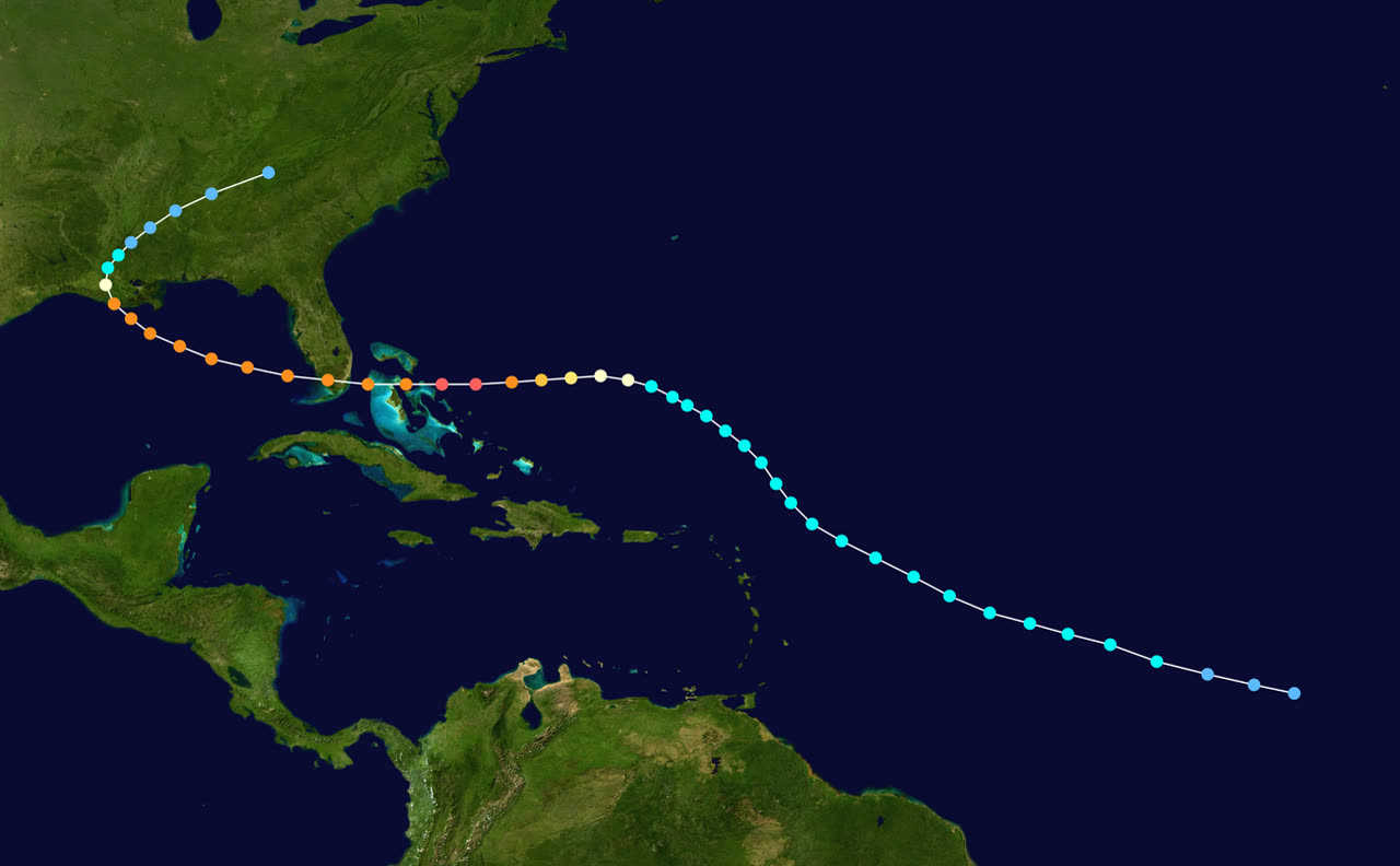Best track of Hurricane Andrew, August 16-28, 1992 — Bahamas, South Florida, and Louisiana landfalls