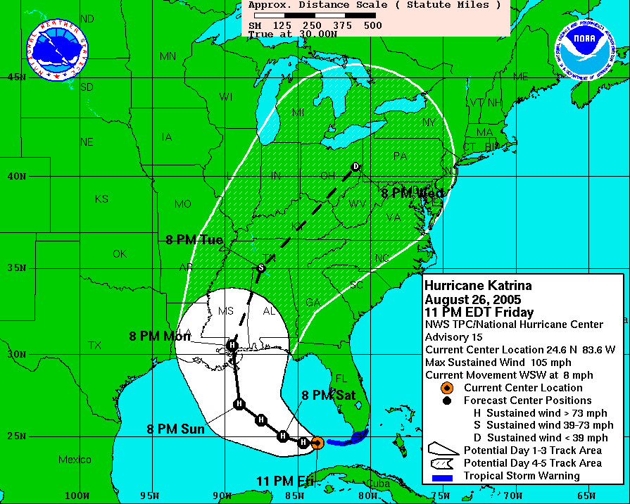 NHC advisory 15 — the first forecast cone to put Katrina's center over the New Orleans metro area