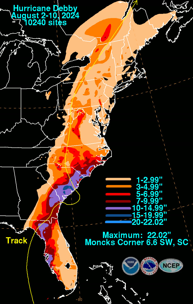 Storm-total rainfall along Debby's track — nearly 20 inches in Horry County, SC