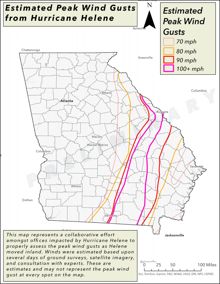 Peak wind gust swath across Georgia - hurricane-force gusts reached Valdosta and Augusta, far inland