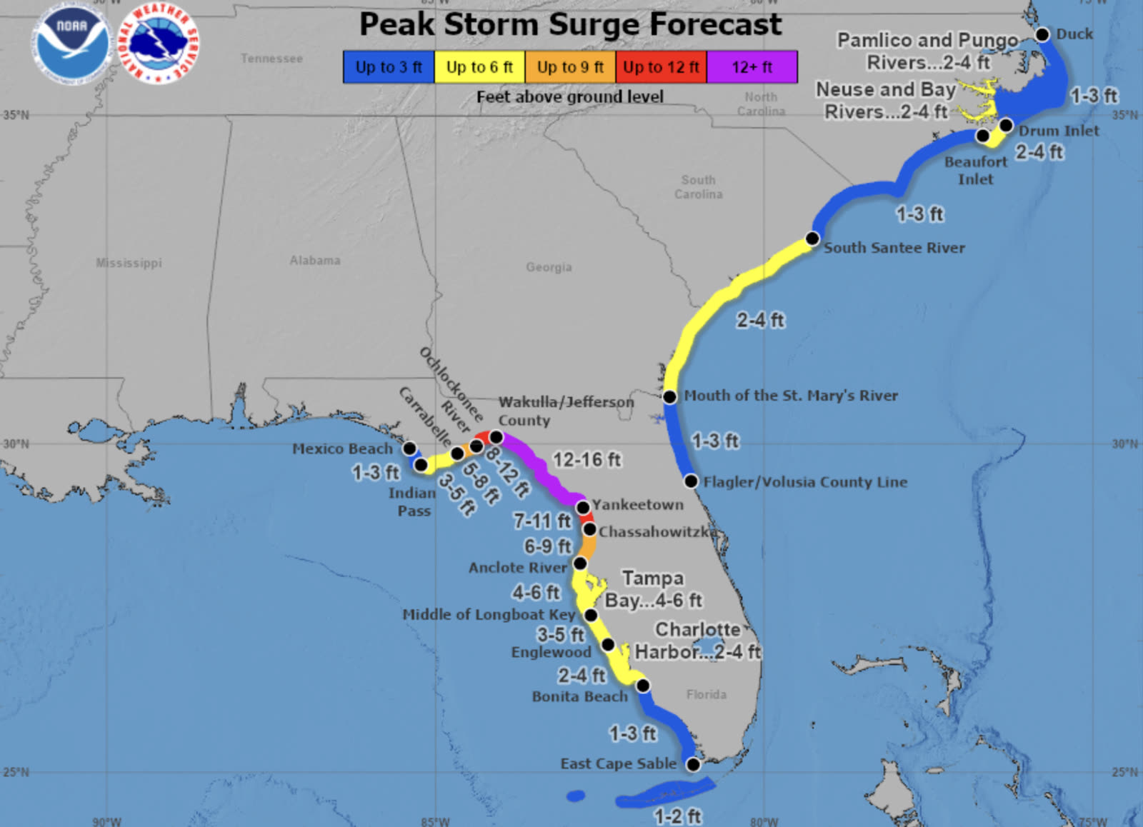 NHC peak storm surge forecast — 10-15 ft for the Big Bend coast, the highest ever issued for the region