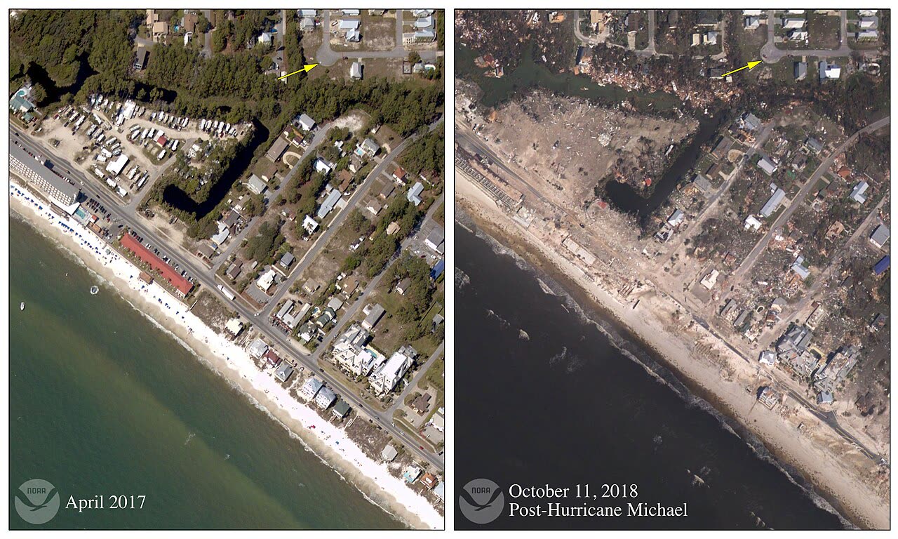 Mexico Beach before and after landfall — aerial survey imagery of the obliterated waterfront
