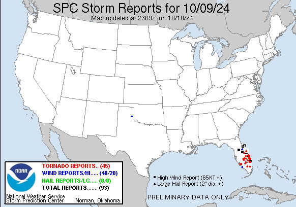 SPC storm reports for October 9, 2024 — the deadly pre-landfall tornado outbreak across the peninsula