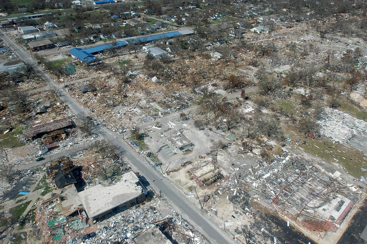 Destroyed businesses in Long Beach, Mississippi — between Pass Christian and Gulfport, where surge ran 24-28 ft