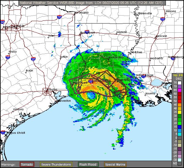 Lake Charles radar loop of Laura's Category 4 landfall — the radar itself was destroyed hours later