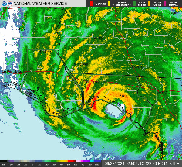 Tallahassee radar loop of Helene's Category 4 landfall in the Big Bend, late September 26, 2024