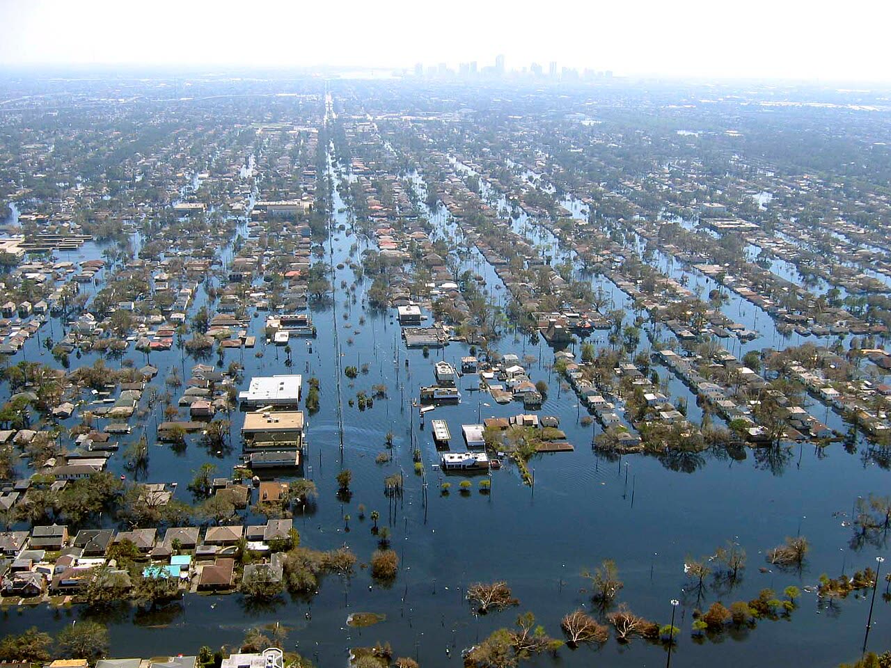 Flooded New Orleans from a NOAA helicopter — neighborhoods stood under water for weeks