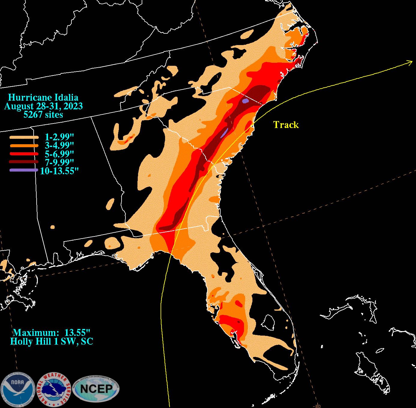 Storm-total rainfall from Florida through the Carolinas