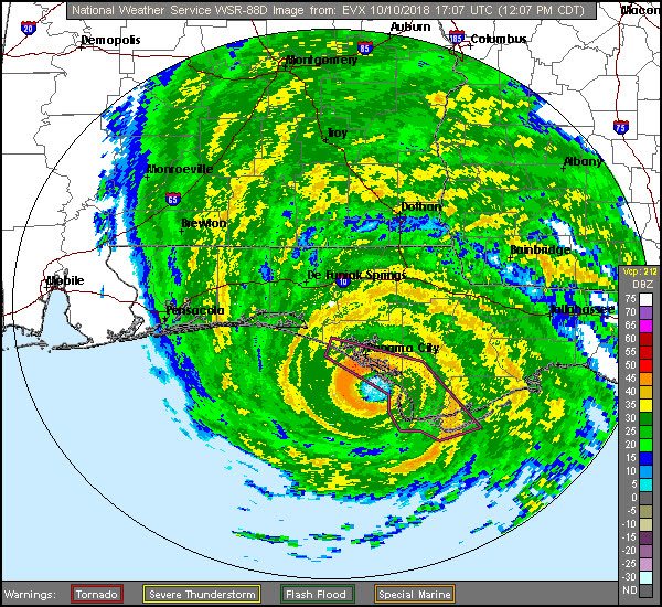 Radar loop of Michael's Category 5 landfall near Mexico Beach, 1707–1754 UTC October 10, 2018